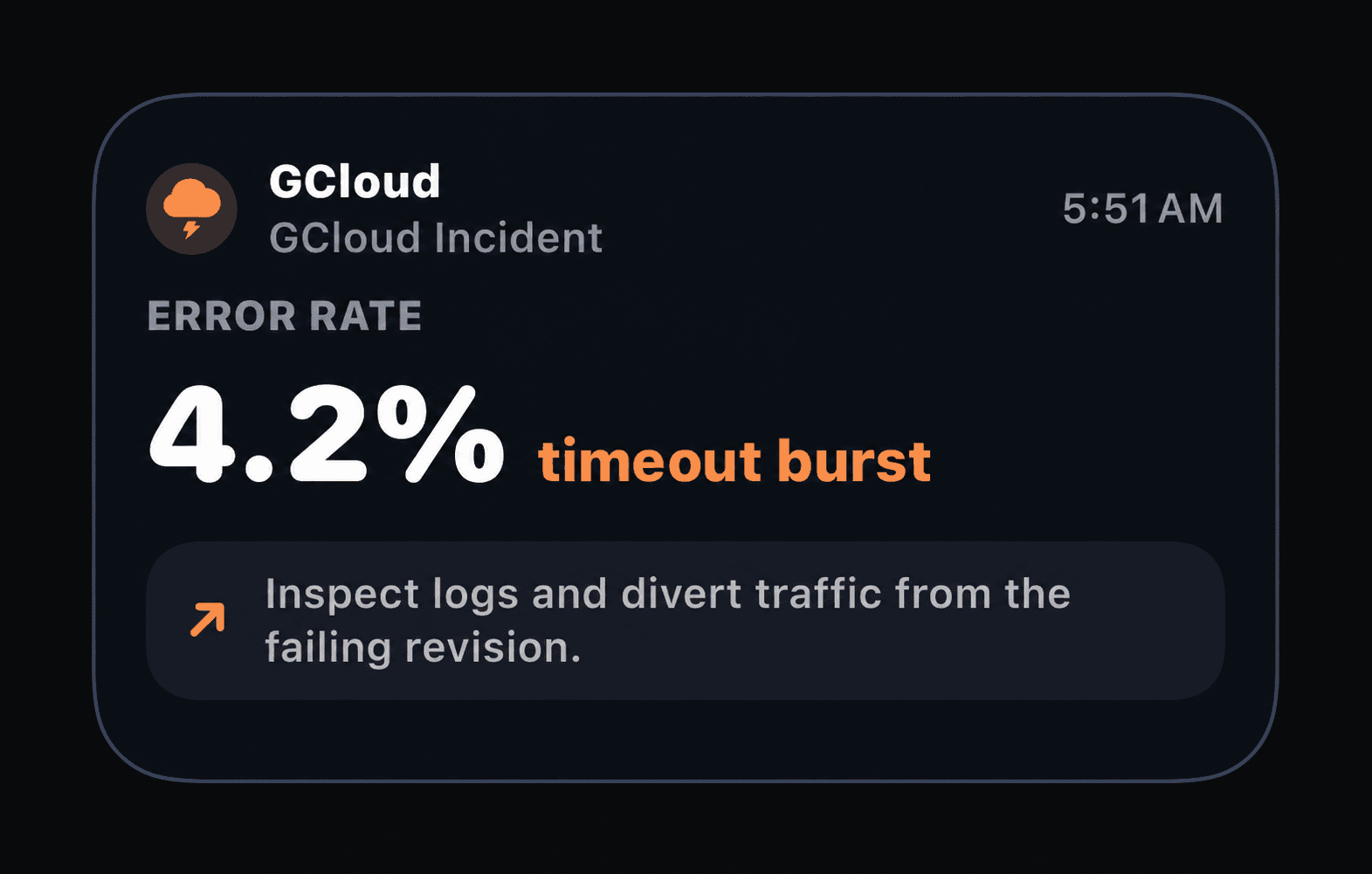 Dark Agent Alerts Google Cloud Live Activity showing a 4.2 percent timeout burst and guidance to inspect logs.