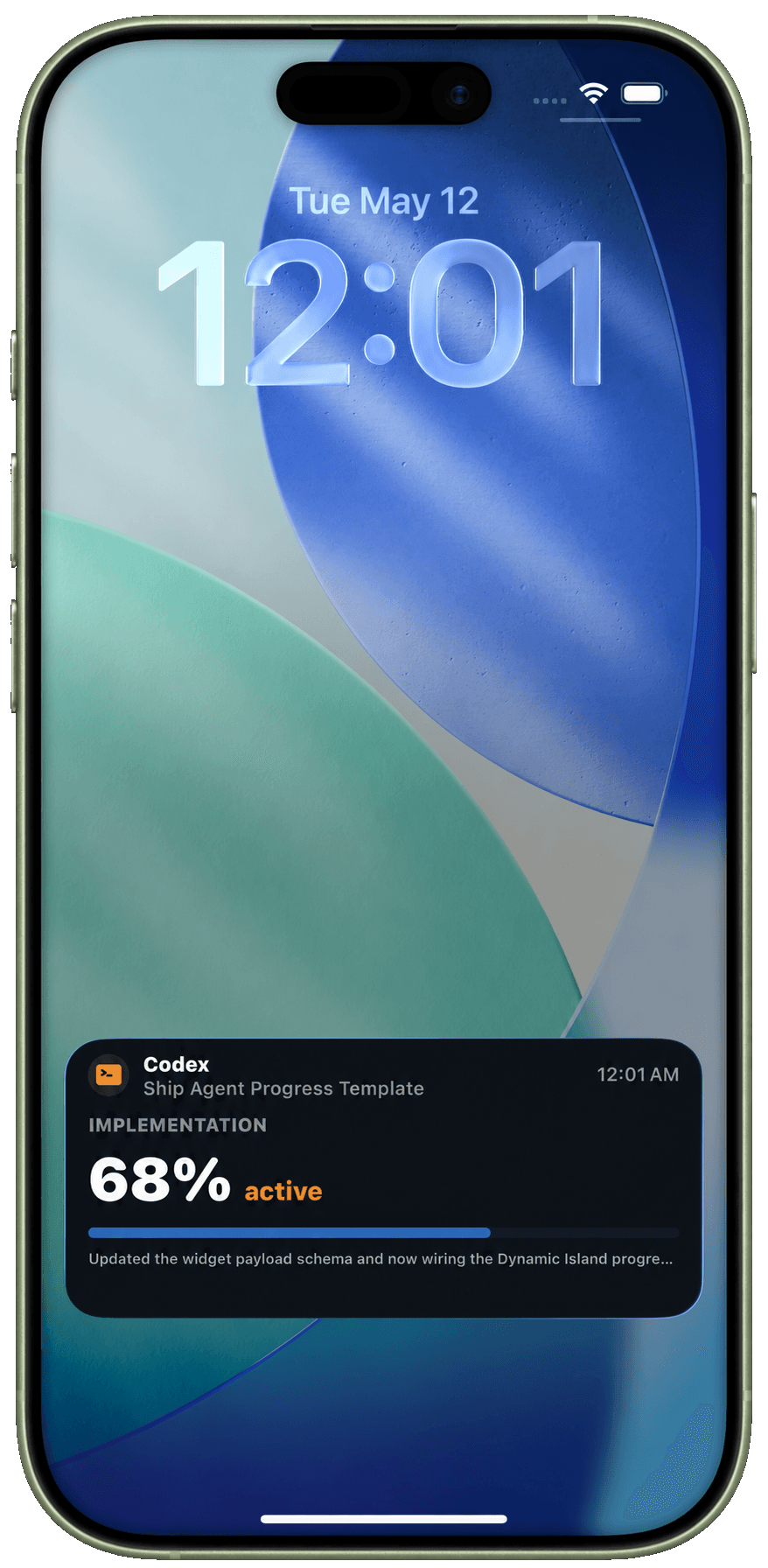 Agent Alerts Codex Live Activity on an iPhone lock screen showing 68 percent active implementation progress.