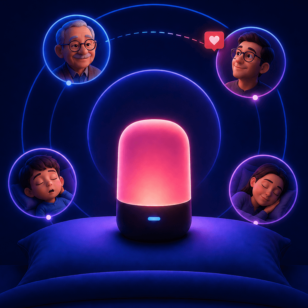 A MostAwake illustration showing a loved one connected to family caregivers during the night.