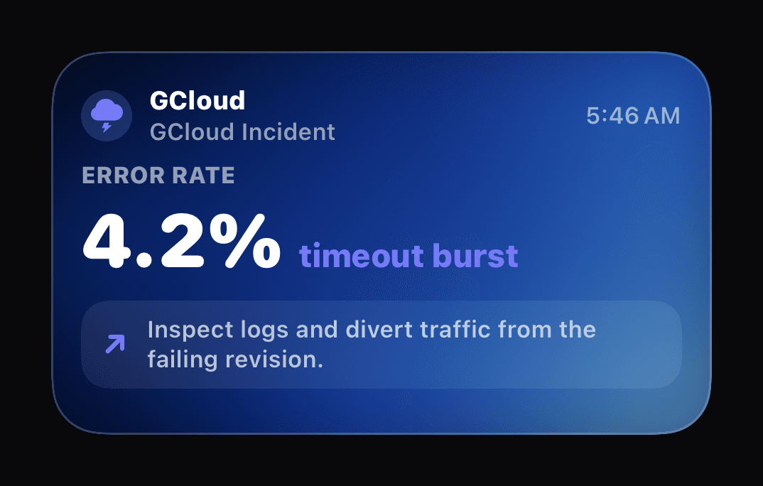 Agent Alerts GCloud Live Activity showing an API timeout burst and guidance to divert traffic.