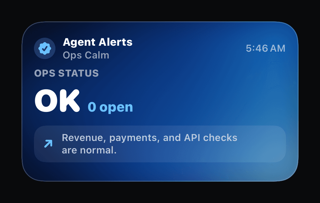 Agent Alerts Live Activity showing OK operational status with no open issues.