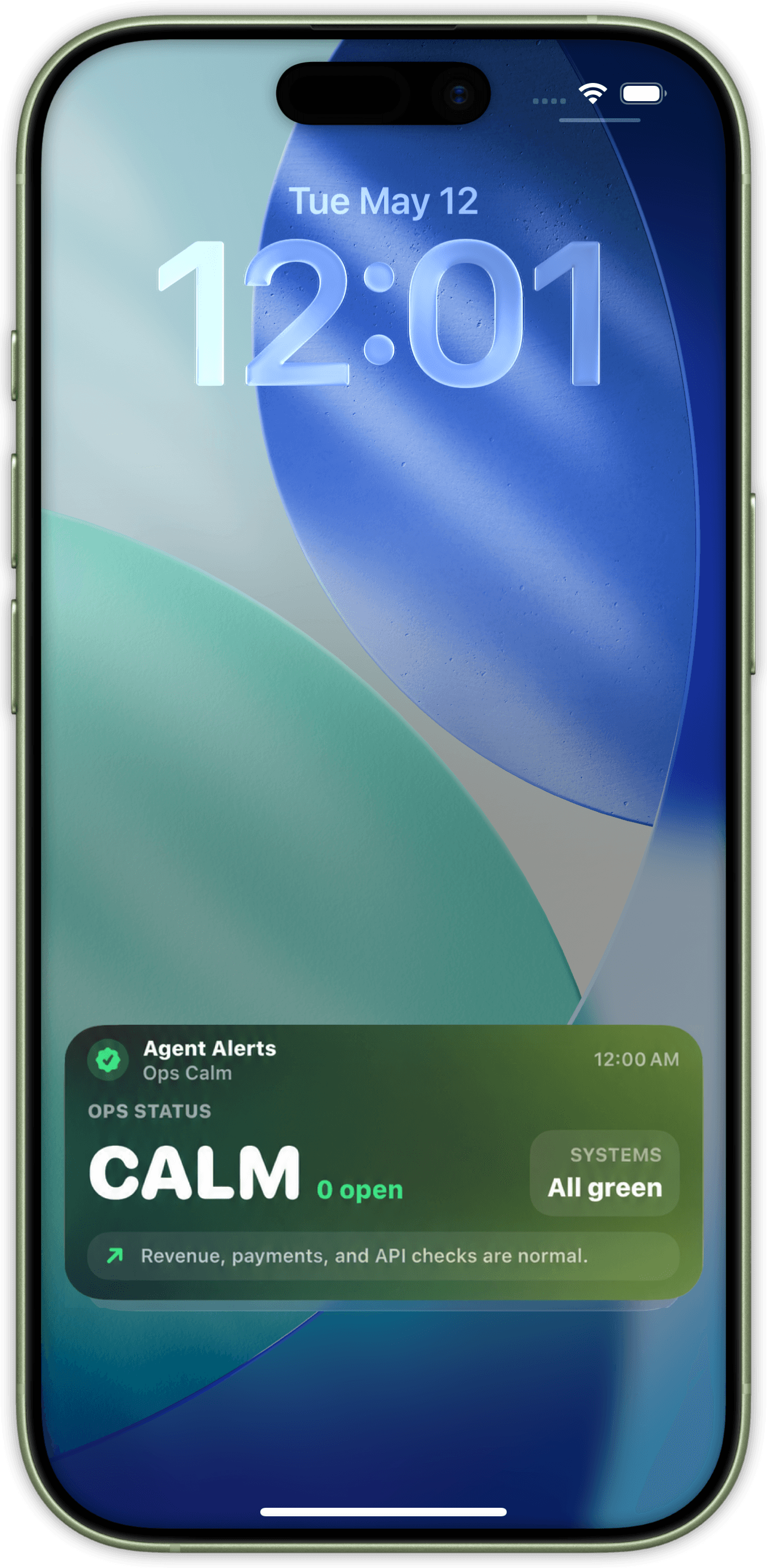 Agent Alerts Live Activity on an iPhone Lock Screen showing calm operational status.