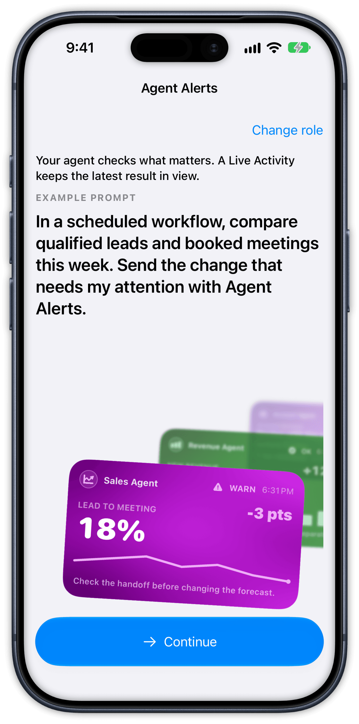 Agent Alerts Founder onboarding on an iPhone, showing the Pipeline watch example: lead-to-meeting conversion at 18%, down 3 points.